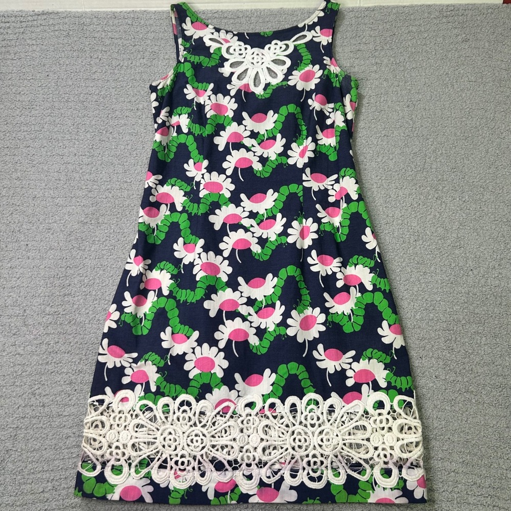 Lilly Pulitzer Shift Dress Floral Lace Applique 4 Navy Pink Preppy Coastal